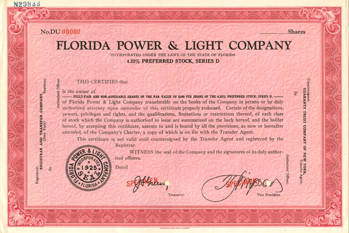 Florida Power and Light Co. - Specimen Stock Certificate